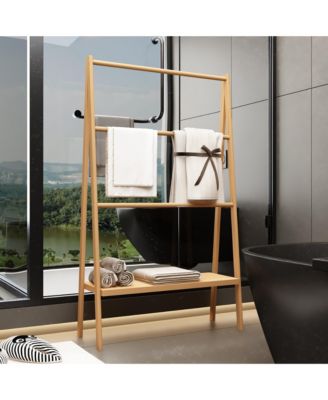 Bamboo Ladder Towel Rack - Freestanding Towel Stand, Blanket Holder with Storage Shelf for Bathroom and Living Room