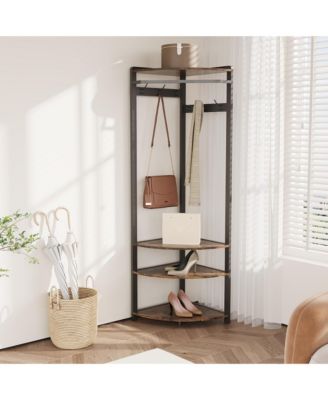 Entryway Corner Hall Tree - Coat Rack with Shoe Bench & 6 Double Hooks Corner Clothes Rack