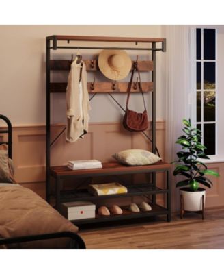 72" Metal Frame Hall Tree - Coat Rack Shoe Bench with Hooks & Storage Shelves