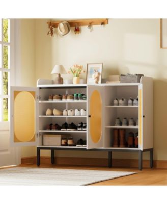 Rattan 3-Door Shoe Cabinet - 8-Tier Adjustable Shelves Freestanding Large Entryway Organizer