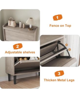 Freestanding Shoe Cabinet - 2 Flip Drawers + Drawer Adjustable Wooden Entryway Organizer