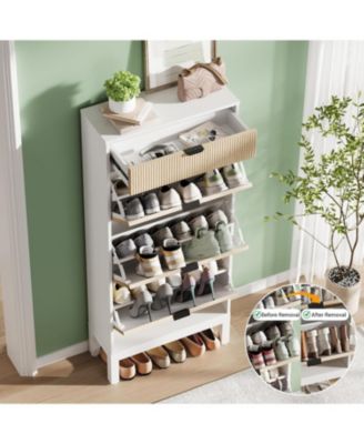 Entryway Freestanding Shoe Cabinet, 3 Flip Fluted Doors + 1 Drawer Shoe Organizer