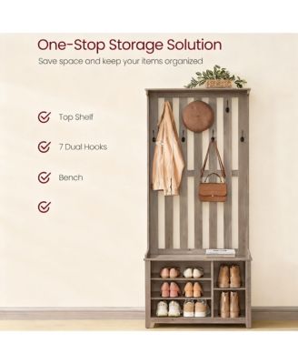 7 Double Hooks Hall Tree with Shoe Bench and Storage