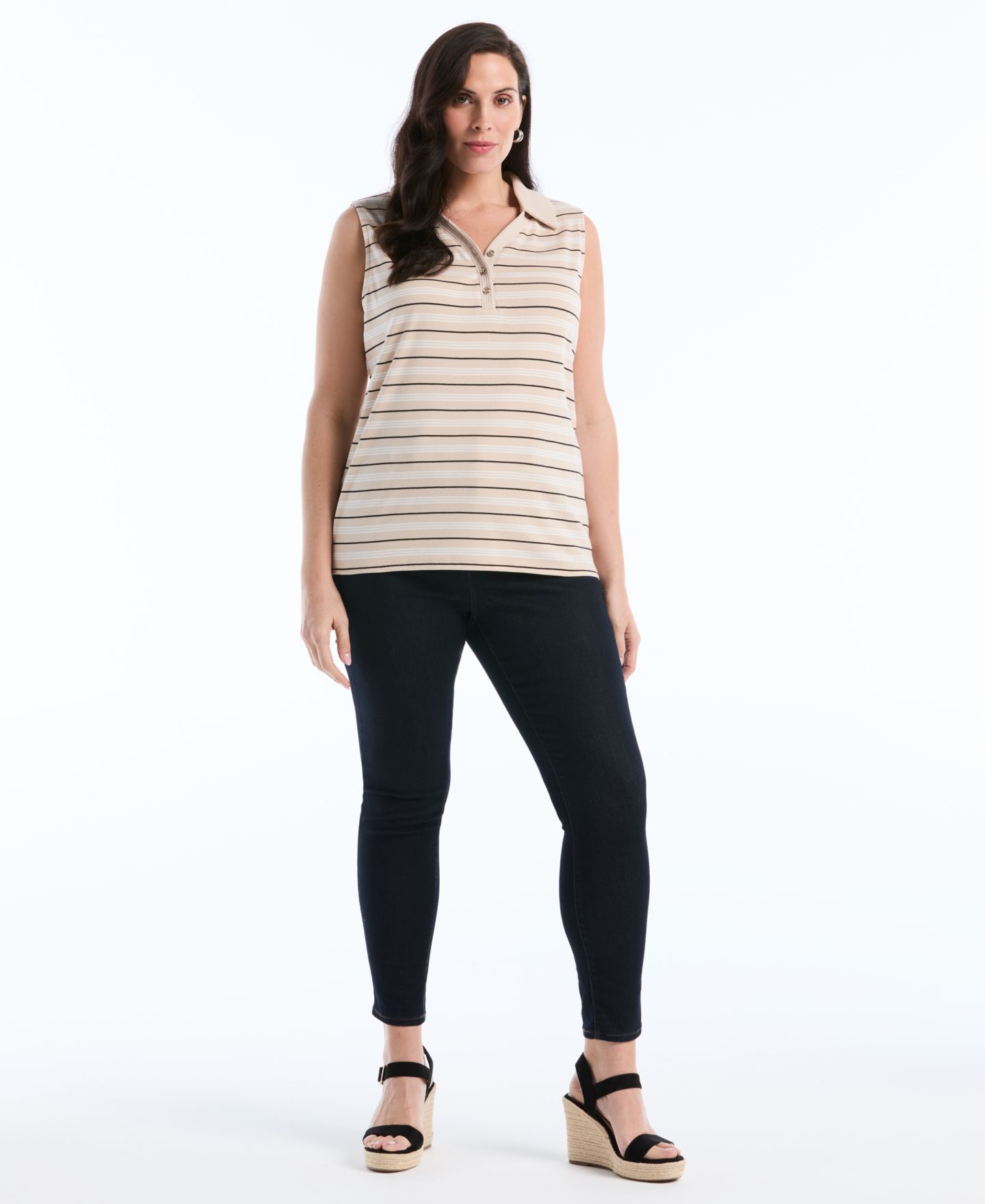 Женский топ Rafaella Plus Size Stripe Sleeveless Polo, цвет: Moonlight — фото 2