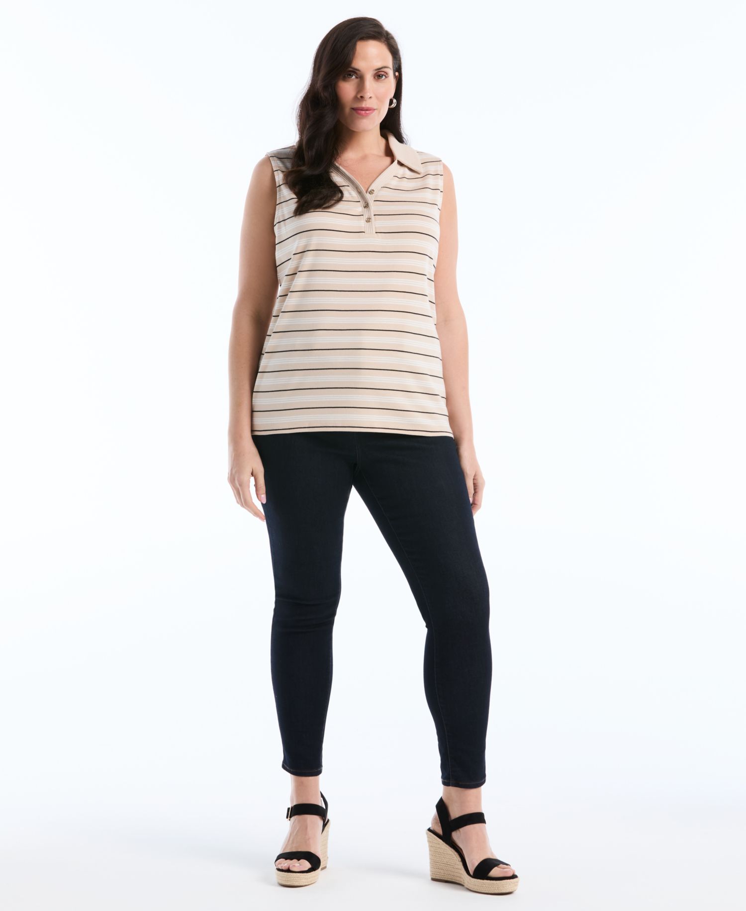 Plus Size Stripe Sleeveless Polo Top