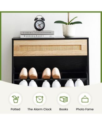 Entryway Freestanding Rattan Shoe Cabinet, 2 Flip Drawers + 1 Drawer Storage