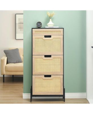 Modern Rattan 3 Flip Door Shoe Cabinet - Freestanding Entryway/Hallway Storage Organizer