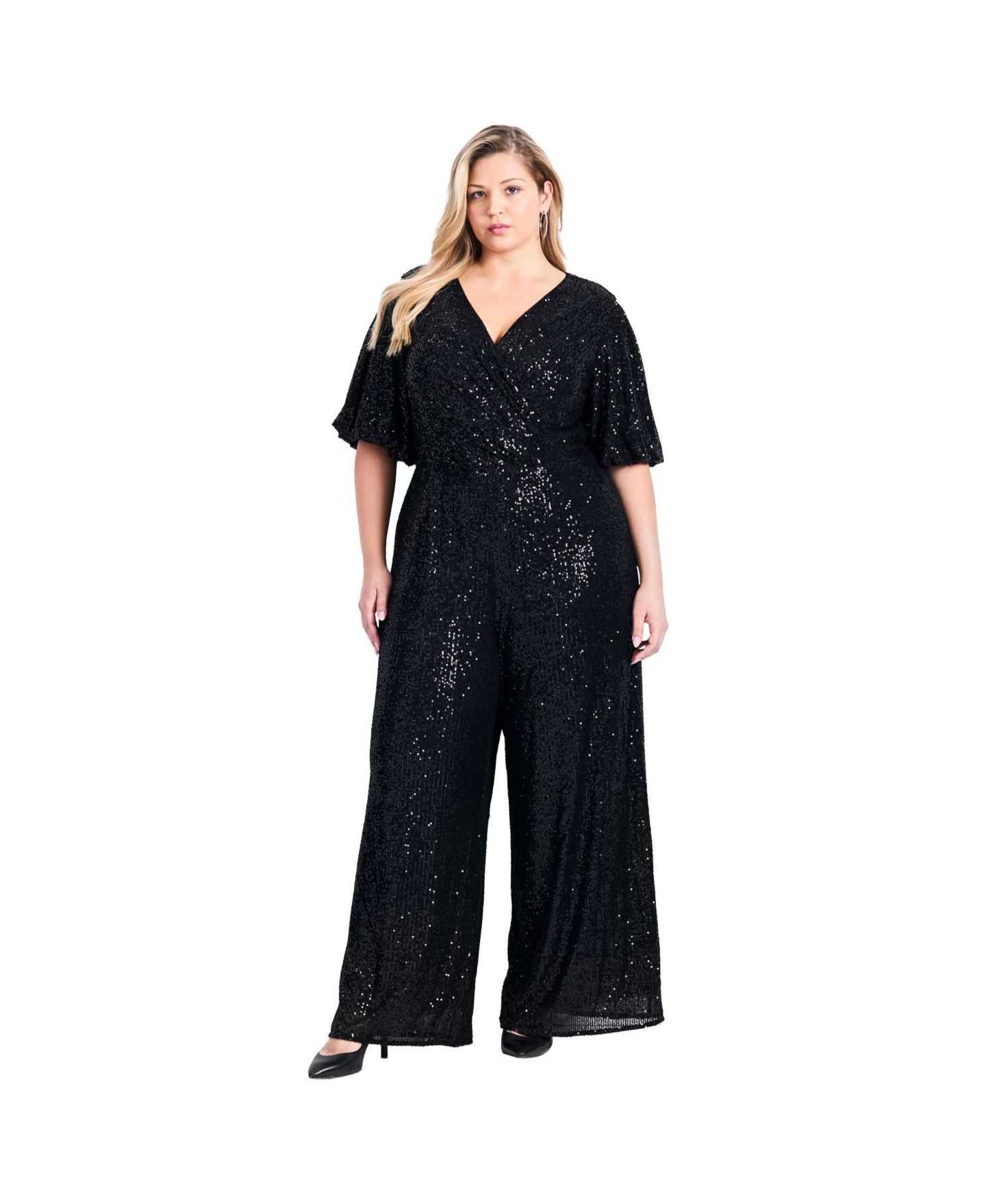Женский комбинезон AVENUE Plus Size Petite Nada Sequin Puff Sleeve Jumpsuit, цвет: Чёрный — фото 1