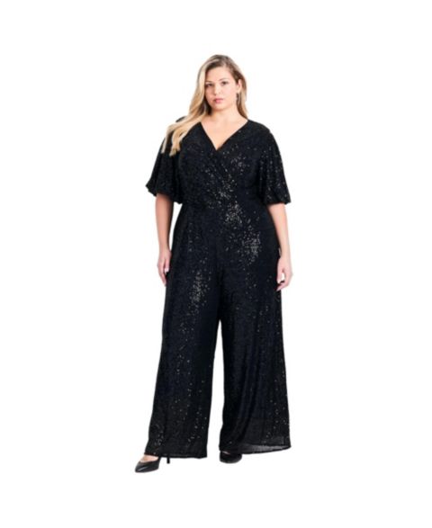 Женский комбинезон AVENUE Plus Size Petite Nada Sequin Puff Sleeve Jumpsuit, цвет: Чёрный