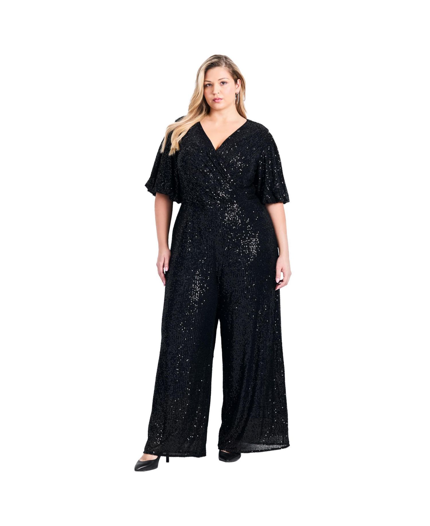 Women's Plus Size Petite Nada Sequin Puff Sleeve Jumpsuit