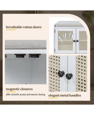 Rustic Storage Bench - Wood Shoe Cabinet Storage Ottoman with Removable Cushion, Woven Rattan Doors, Adjustable Shelves for Hallway