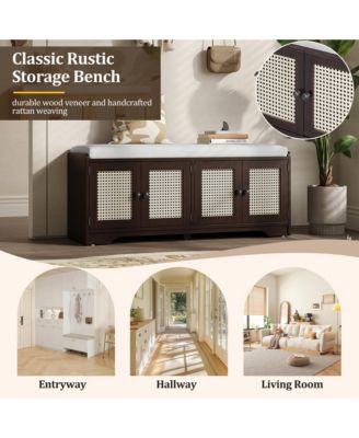 Rustic Storage Bench - Wood Shoe Cabinet Storage Ottoman with Removable Cushion, Woven Rattan Doors, Adjustable Shelves for Hallway