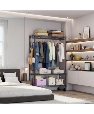 Heavy Duty Garment Rack on Wheels, 3 Tiers Adjustable Wire Shelving, Clothes Rack with 1 Rods and Side Hooks for Bedroom and Wardrobe