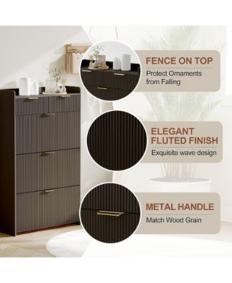 Modern Fluted Entryway Shoe Cabinet - 3 Flip Drawers 2 Small Drawers + Hook Slim Organizer