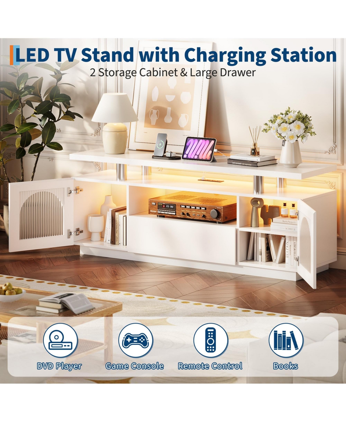 gaomon Led Tv Stand with Storage, 55/60/65 Inch Entertainment Center with Led Lights, Power Outlets & Adjustable Shelves