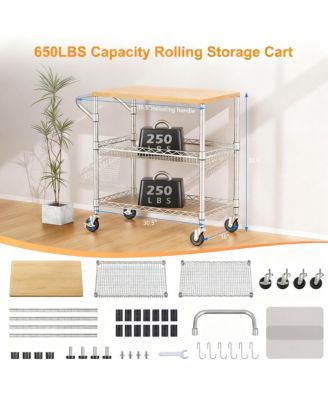 Kitchen Cart with Wood Top, 8 Hooks, Adjustable Shelves, & 4 Lockable Wheels