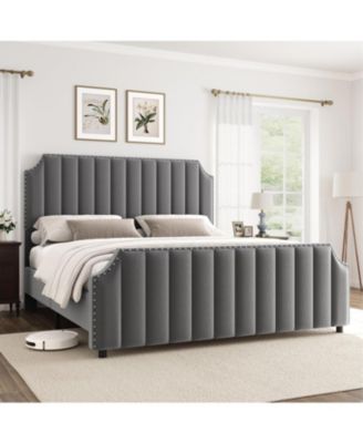 Platform Bed Frame  Headboard, Velvet Upholstered Bed Frame with Vertical Channel Tufted Headboard & Footboard