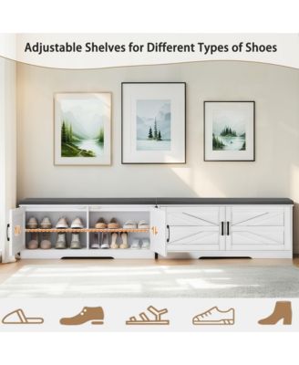 2-Tier Storage Bench, Modern Entryway Bench with Soft Cushions, 2 Barn Doors and 2 Adjustable Shelves for Foyer, Living Room and Hallway