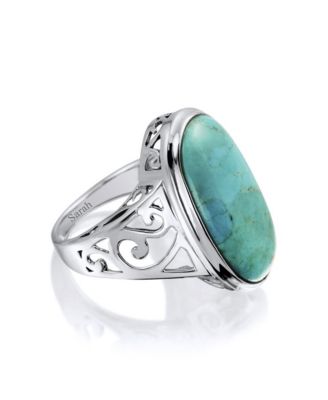 Large Oval Cabochon Western Natural Turquoise Statement Ring Filigree Scroll Band .925 Sterling Silver