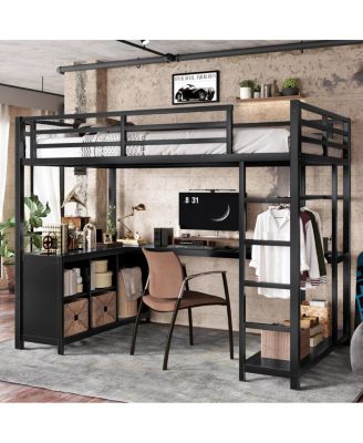 Metal Loft Bed with Wardrobe, L-shaped Desk & Storage, Twin XL