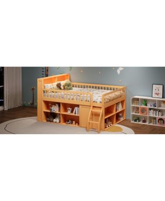 Queen Size Loft Bed with Storage, Headboard with LED Light, Natural
