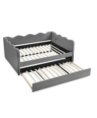 Cozy Gingham Daybed with Twin Trundle, USB Port, Linen Fabric