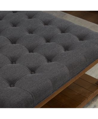 Large Tufted Linen Ottoman Coffee Table with Solid Wood Shelf