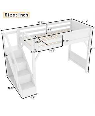 Twin Loft Bed with Wardrobe, Storage, Shelves, Guardrails, Stairs