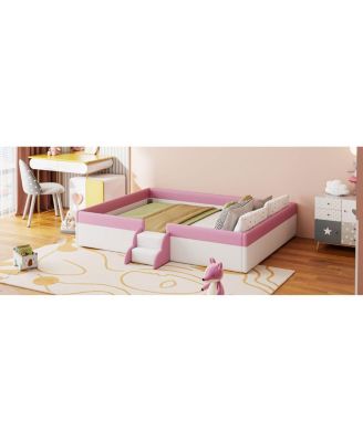  King Size Upholstered Daybed Frame with Fence and Stairs