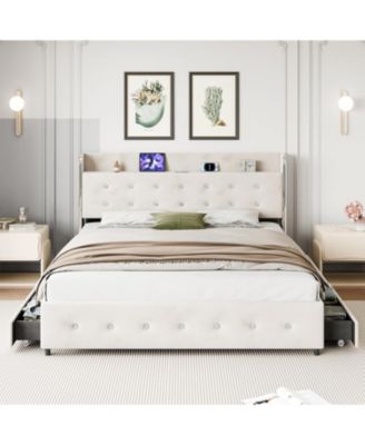Queen Upholstered Diamond-Tufted Trundle & 4-Drawer Bed Frame