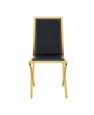 4-pack gold metal framed black PU dining chairs with ergonomic design.