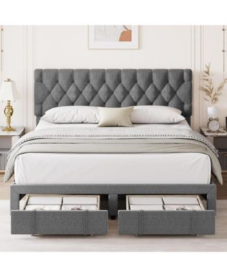 Full Size Bed Frame, Upholstered Platform Bed Frame with Storage Drawers, Mattress Foundation with Solid Wooden Slats Support,