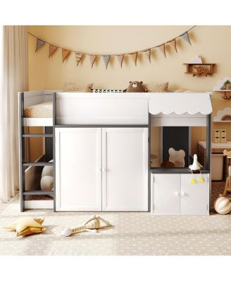 Full Loft House Bed with Playhouse & Storage, Modern Wood Cabin Bed for Kids/Teens