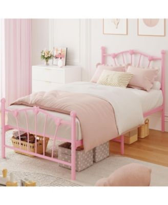Bed Frame, Heart Shaped Metal Bed Frame with Headboard and Footboard, Platform Bed Frame with Sturdy Slat Support, Underbed Storage Space