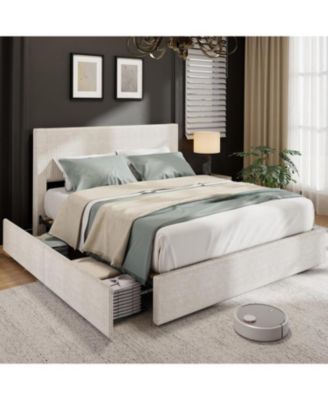 Platform Bed Frame with 4 Storage Drawers, Upholstered Channel Tufted Wingback Headboard Bed Frame with Strong Wooden Slat Support