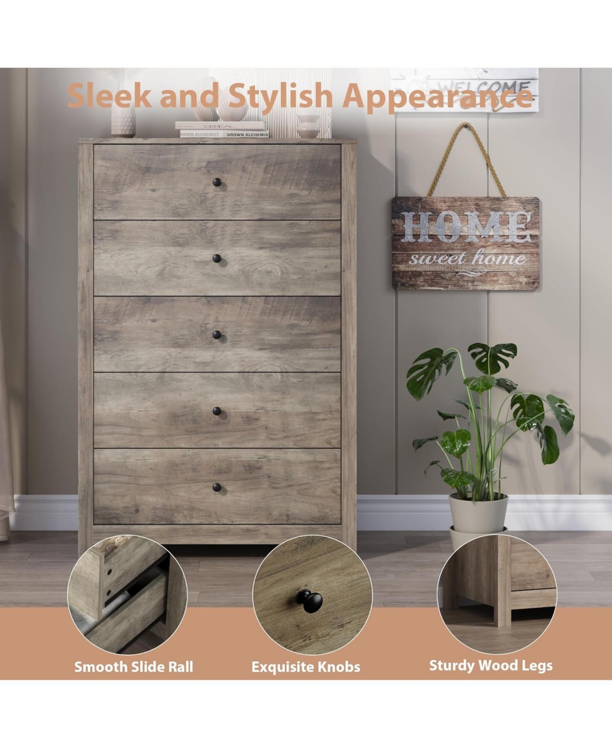 Gaomon 5 Drawer Dresser for Bedroom – Modern Simply Chest of Drawers, Wood Storage Dresser with Deep Drawers for Living Room, Hallway, Entryway