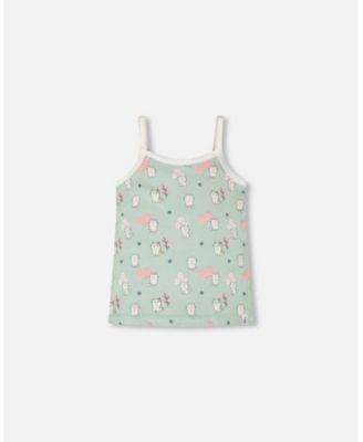 Girls Cotton Tank Underwear Green Kitten Print