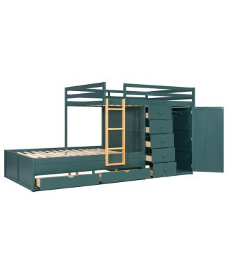 Full Size Bunk Bed with 2 Large & 5 Small Drawers, Wardrobe