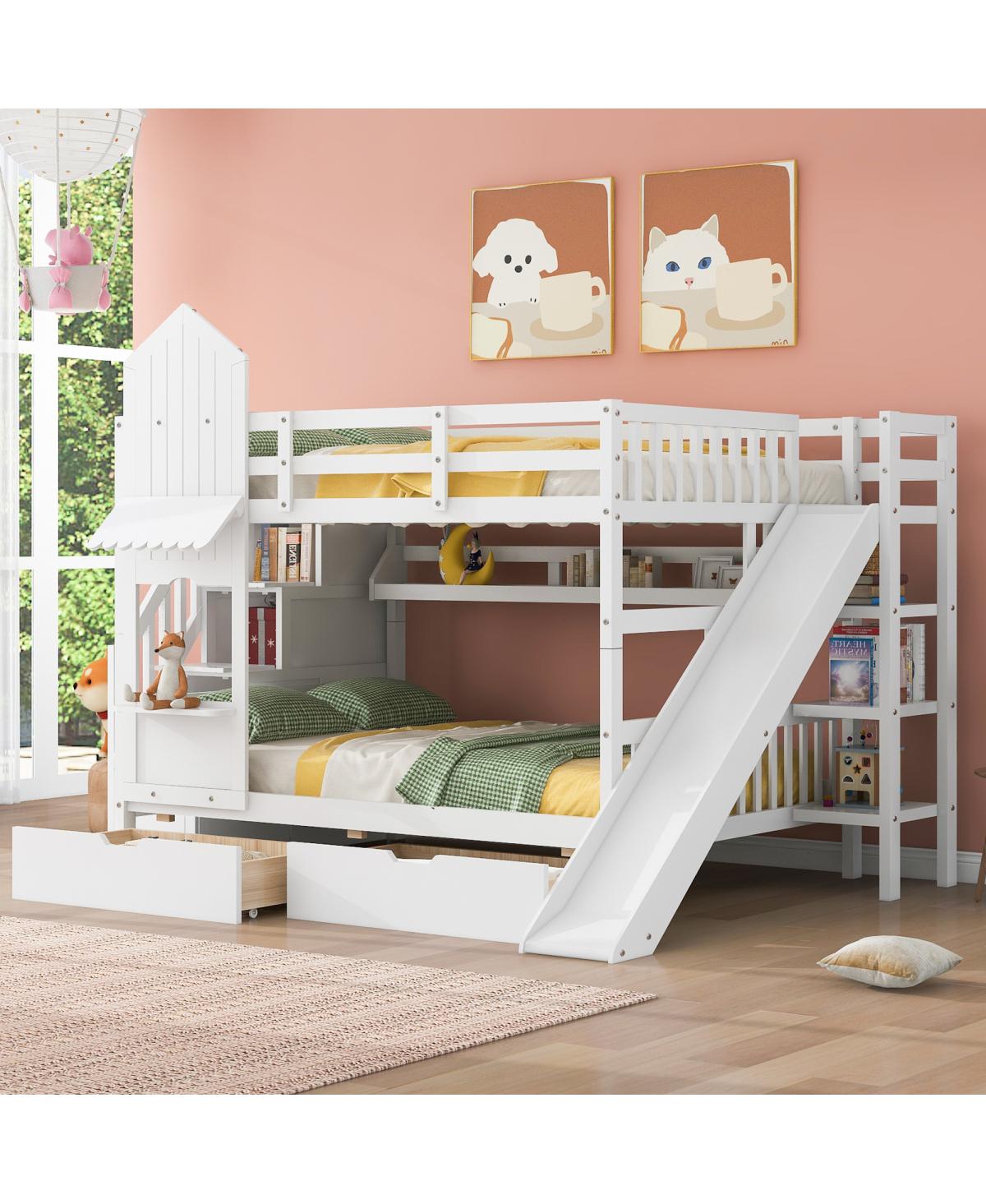Streamdale Furniture Full-Over-Full Castle Bunk Bed w/ Drawers, Shelves & Slide - White
