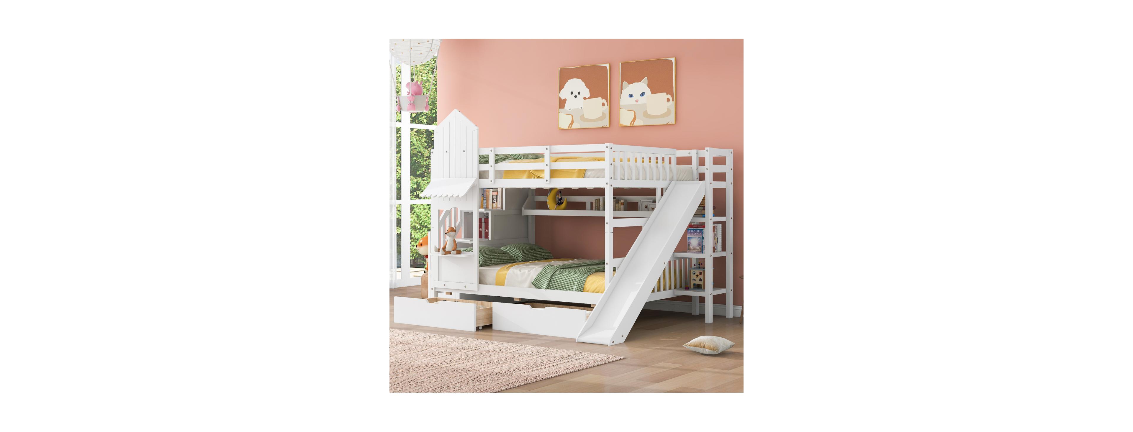 Streamdale Furniture Full-Over-Full Castle Bunk Bed w/ Drawers, Shelves & Slide - White
