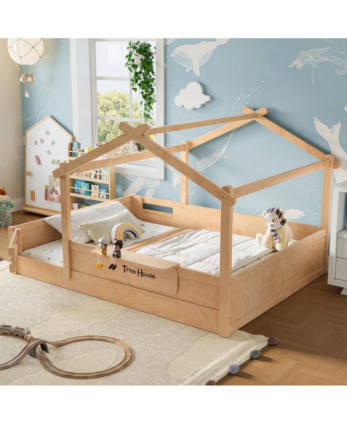 Streamdale Furniture Queen Size House Floor Bed with Guardrails, Roof, Tray & Signboard