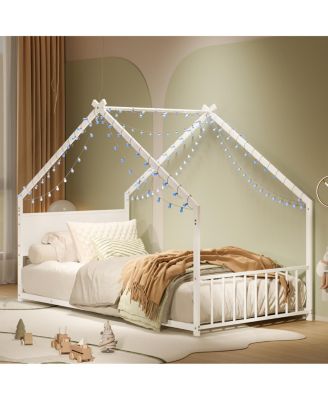 Twin Size House Bed with Roof & Lights, Metal Frame, No Box Spring