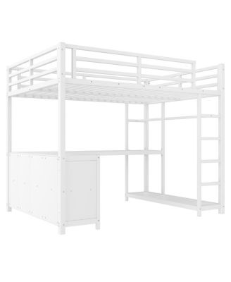 Metal Loft Bed with Wardrobe, L-shaped Desk & Storage - Full Size