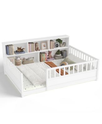  Wooden Floor Bed With Fence Guardrail & Side Storage