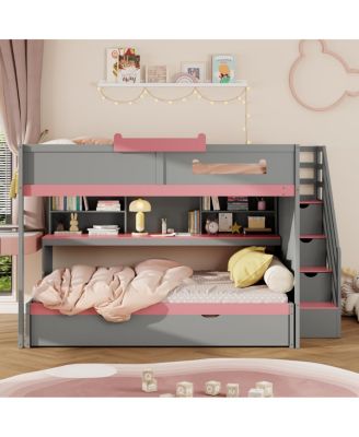 Full Over Full Bunk Bed with Twin Size Trundle and Staircase, Shelves, LED