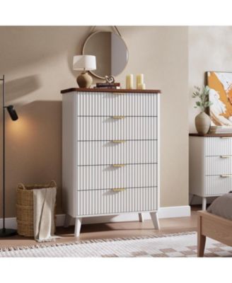 Fluted Dresser for Bedroom with 5 Deep Drawers, 47.2" Tall Chest of Drawers, Curved Profile Design, Modern Wooden Dresser, for Living Room