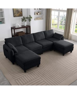  109 Contemporary L-Shaped Chenille Sectional Sofa with Storage Ottoman