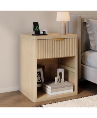 gaomon - Fluted Nightstand with Charging Station, Bedside Table with Drawers and Open Storage Space Natural