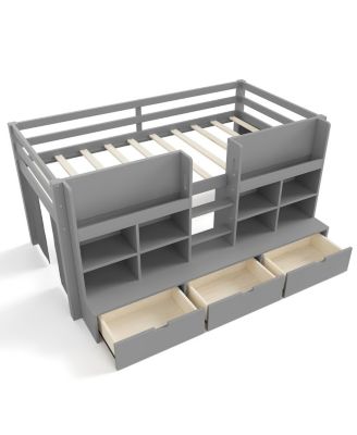Loft Bed with Multi-Storage Shelves & Curtain, Chalkboard
