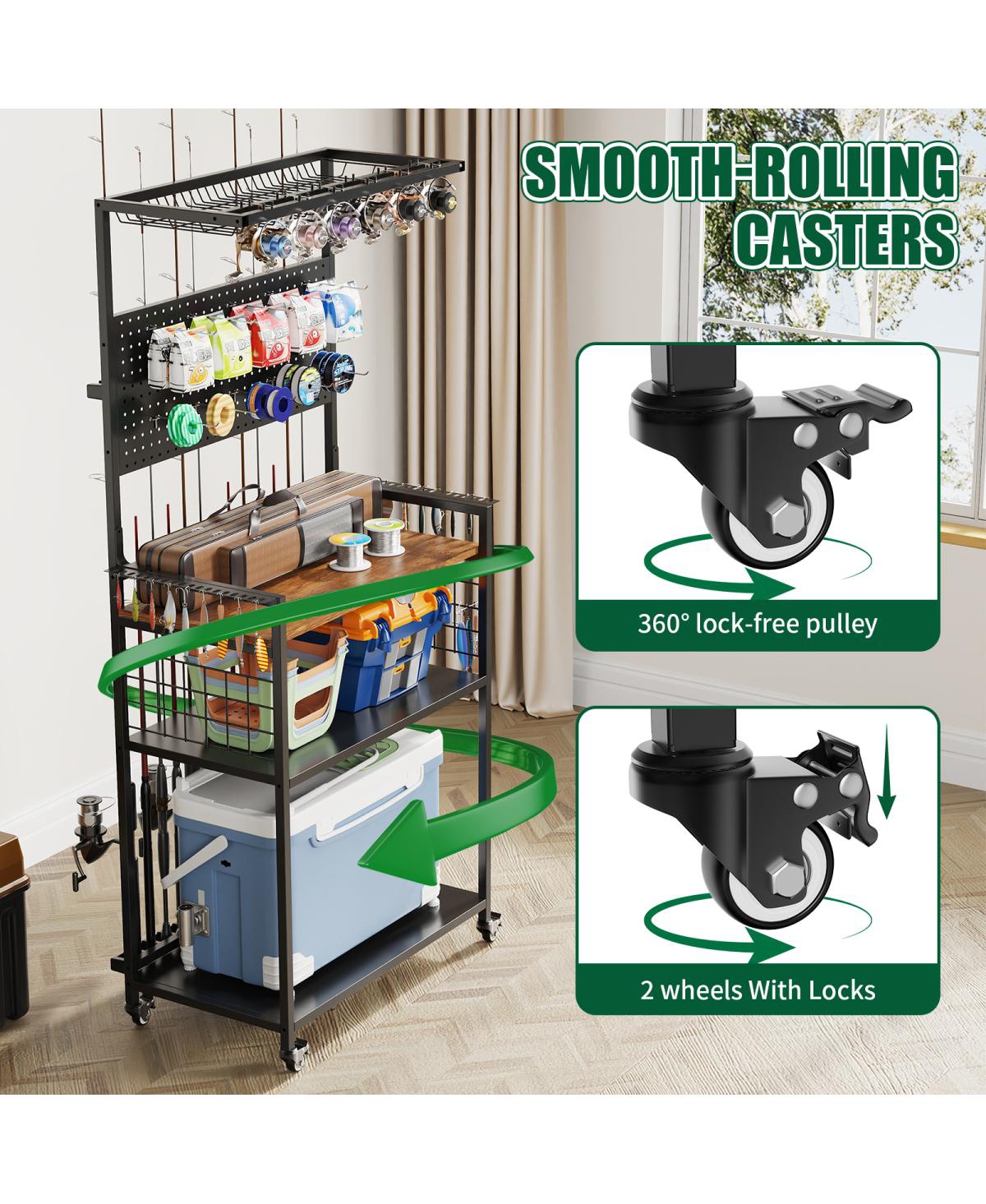 Streamdale Furniture Fishing Rod Storage Rack & Tackle Organizer Cart with Wheels